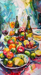 Capture the essence of brush strokes in a colorful acrylic painting featuring a table filled with visually striking dishes