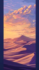 Create a pixel art landscape of a sprawling desert at dawn, highlighting the graceful movements of the sand dunes as they shift in the early morning light, conveying a sense of tranquility and vastnes - obrazy, fototapety, plakaty