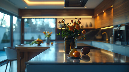 Wide-angle shot of a contemporary kitchen with a waterfall countertop, modern interior design, scandinavian style hyperrealistic photography