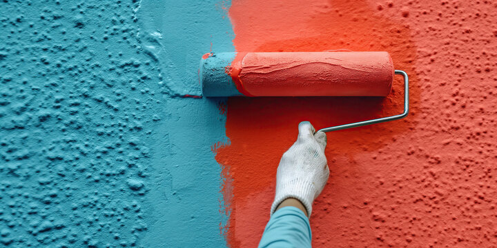hand painter with painting roller paints blue wall orange paint close up - Powered by Adobe