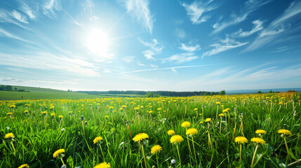 Serene meadow scene with verdant field and vibrant yellow dandelions.