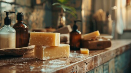 Intimate look at shampoo bars on a rustic countertop, projecting a new wave of recycle-driven beauty products - obrazy, fototapety, plakaty