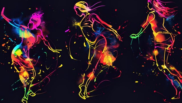 Three dynamic figures captured in mid-dance, their bodies outlined in radiant neon colors against a stark black background, portraying a vivid sense of movement.
