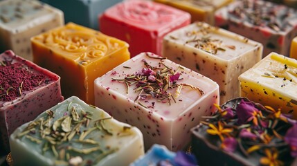 Handmade soap bars in a close-up view, symbolizing a commitment to eco-friendliness and recycling - obrazy, fototapety, plakaty
