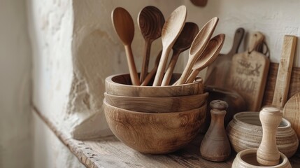Handcrafted wooden utensils poised elegantly, the essence of minimalist eco-friendly cooking