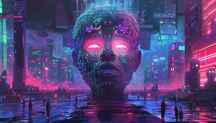 Craft a thought-provoking pixel art piece depicting a frontal view where futuristic technologies clash with dystopian visions through surrealism Sharp, vivid colors mixing with glitched elements, crea - obrazy, fototapety, plakaty