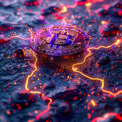 A Bitcoin immersed in the pulsating glow of a circuit board. 