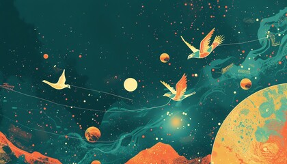 Craft a whimsical scene of love birds floating playfully in zero gravity, depicted in a colorful vector art composition with a retro-futuristic twist - obrazy, fototapety, plakaty