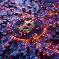 A Bitcoin on a circuit board, illustrating the synergy between cryptocurrency and the power of technology. 