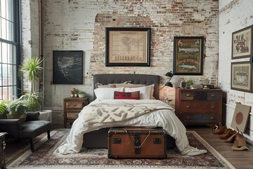 A stylish bedroom with an industrial theme, featuring distressed brick walls and vintage furniture....