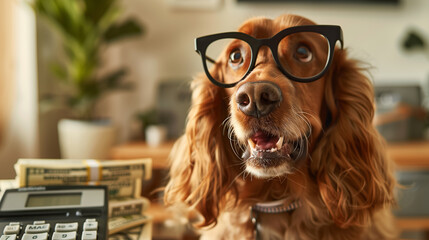 Dog Wearing Glasses Beside Calculator and Money Finance and Pet Humor