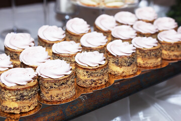 Catering table with sliced chocolate cakes decorated with fresh raspberries and nuts.