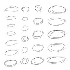 Pen liner doodle elements, crown, emphasis arrow, speech bubble, scribble. Handdrawn cute cartoon pencil sketches of decorative icons.