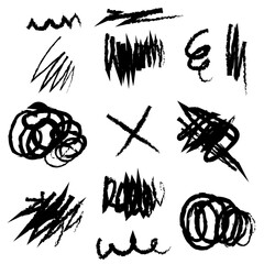 Pen liner doodle elements, crown, emphasis arrow, speech bubble, scribble. Handdrawn cute cartoon pencil sketches of decorative icons.