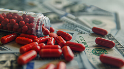 Medication Pills Spilled from Prescription Bottle on Dollar Bills Health Costs Concept - obrazy, fototapety, plakaty