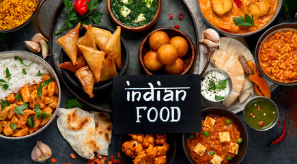 Dishes of indian cuisine. Bowls and plates with indian food on dark background