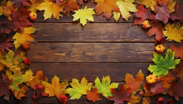 autumn leaves on wood background