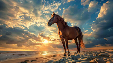 A brown horse standing on top of a sandy beach under a cloudy blue and orange sky with a sunset. - obrazy, fototapety, plakaty