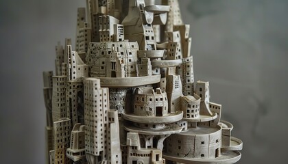 Craft a clay sculpture depicting a soaring utopian skyscraper integrated with futuristic technologies Emphasize the tactile qualities of the materials to convey a sense of touch and depth