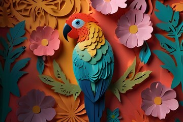Obraz premium A colorful parrot in a flower background kirigami style
