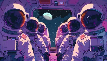 Design a pixel art scene with astronauts in a virtual reality simulator, encountering wacky situations during a spacewalk - obrazy, fototapety, plakaty