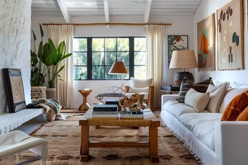 A photo of the living room in an eclectic, bohemian style home with white walls and light wood accents. Ai generated