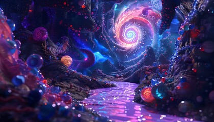 Explore a psychedelic realm with swirling galaxies and ethereal beings, illustrating the concept of fear and courage Use digital rendering techniques for a dynamic perspective that shifts between surr