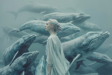Imagine one human floating in water and there are many whale around  - obrazy, fototapety, plakaty