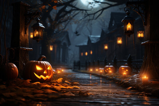 Halloween pumpkins in front of a haunted house on a wooden floor