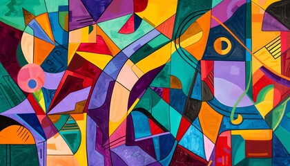Infuse the spirit of Cubism into a colorful aerial depiction of a wilderness campsite, playing with geometric shapes and vibrant hues in a traditional art medium