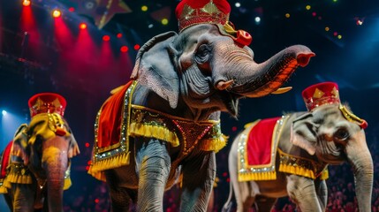 Fototapeta na wymiar Animals dressed in costumes performing in a vibrant circus show