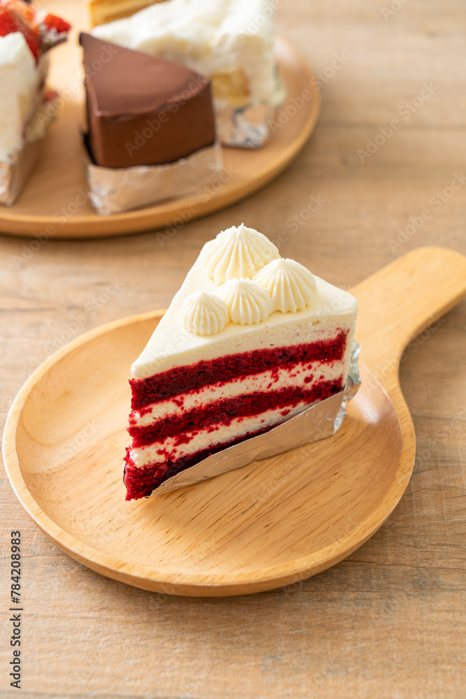 Poster red velvet cake on plate