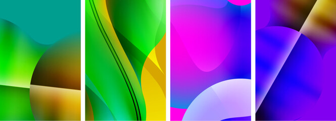A vibrant collage of colorful backgrounds featuring shades of purple, violet, magenta, and electric blue in various shapes like rectangles, circles, and patterns