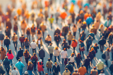 Obraz premium High-angle view of crowd walking outdoors, urban city life concept