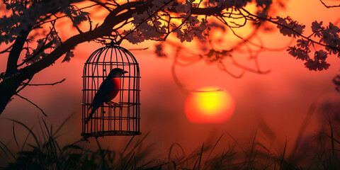 Cage for bird at sunset silhouettes. generative ai  - obrazy, fototapety, plakaty