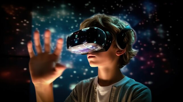 A teenager boy interacts with virtual reality