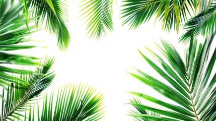 Border of tropical palm leaves on a pure white background