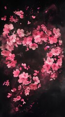 A whimsical watercolor sketch of a heart-shaped frame of cherry blossoms their delicate pink hues contrasting beautifully with a dark