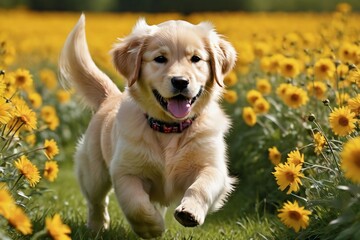 Golden retriever running around in flower field