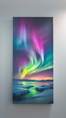 A sweeping arc of northern lights in a spectrum of frosty colors framing a modern artwork that captures the tranquility of the Arctic night