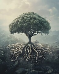 A conceptual image of an ancient tree whose roots are shaped like a human brain - obrazy, fototapety, plakaty