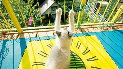 A cat practicing random, yoga poses, feline flexibility and zen - obrazy, fototapety, plakaty