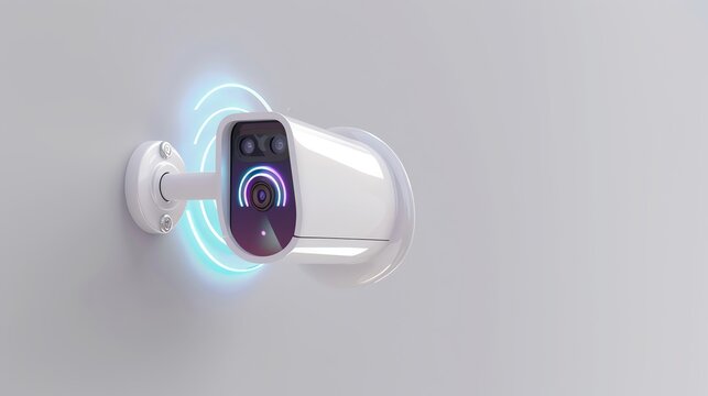 A design of a generic surveillance smart camera in glossy white material with a WiFi indicator