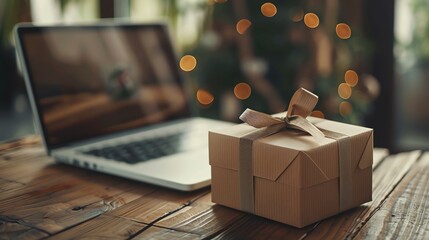 A parcel box adorned with a ribbon, placed next to a laptop on a wooden table - obrazy, fototapety, plakaty