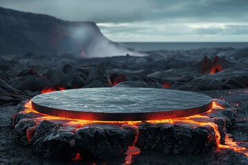 A podium set on a lava field with flowing magma, designed for bold and fiery product launches - obrazy, fototapety, plakaty