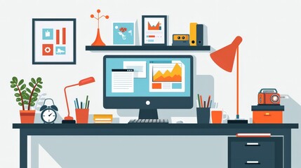 Contemporary flat design of a home office with tech gadgets