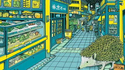 A curious hedgehog wandering through a random, nighttime market, spiny shopper