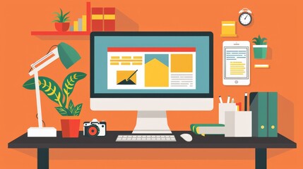 Contemporary flat design of a home office with tech gadgets