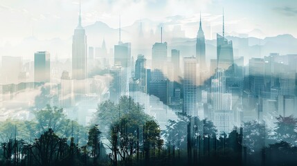 Artistic cityscapes double exposed with natural elements like trees or mountains, illustrating the contrast between urban and natural environments