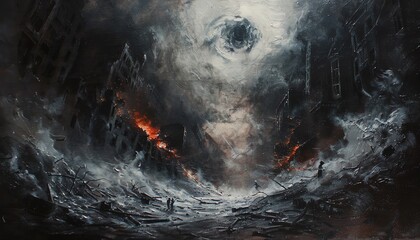 Create a dark and eerie oil painting of a historical event twisted into a dystopian nightmare, captured from a dramatic low angle